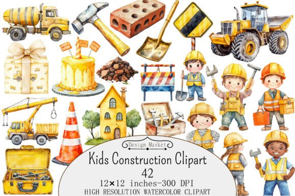 Download Watercolor Kids Construction Clipart - Premium Bundle